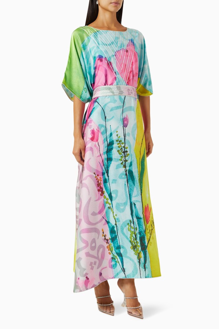 

Calligraphy Embellished Kaftan in Silk, Multicolour