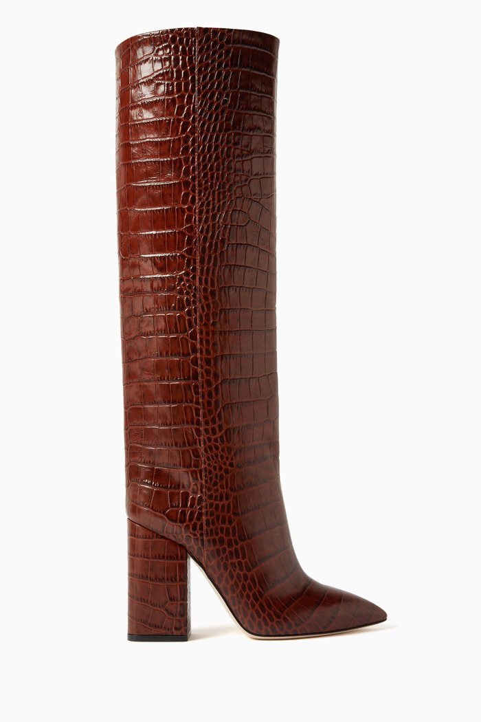 

Anja 100 Knee Boots in Croc-embossed Leather, Brown