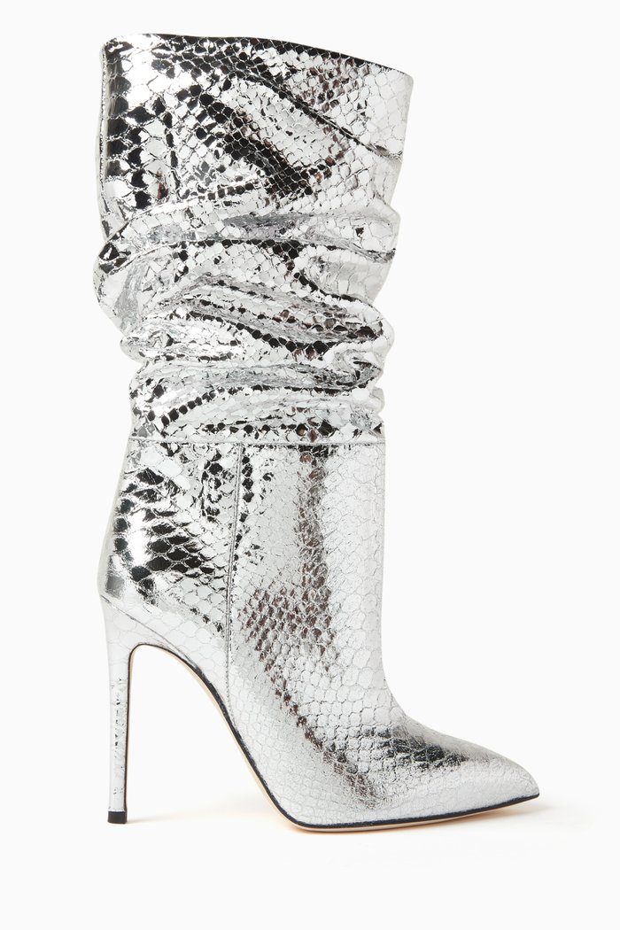 

Stiletto 105 Slouchy Boots in Metallic Leather, Silver