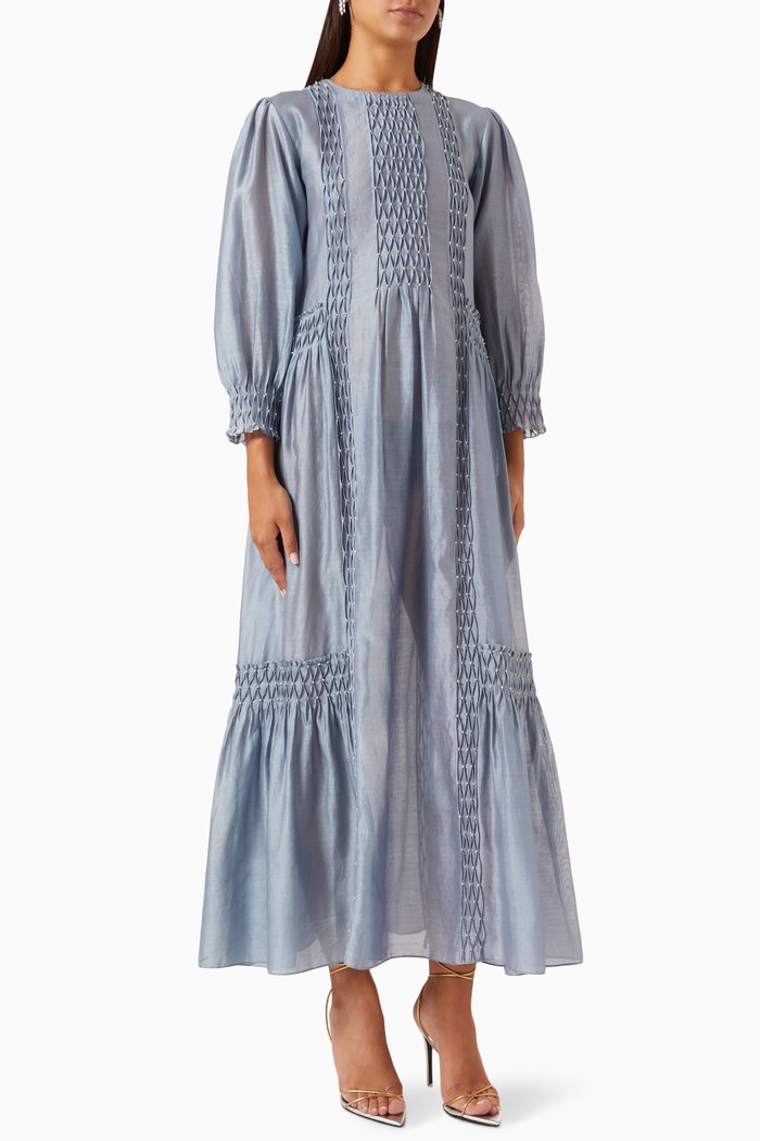 Smocked Maxi Dress in Cotton, Blue
