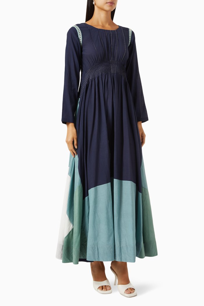 Colour-block Maxi Dress in Cotton, Blue