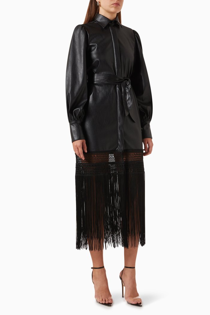 

Victoria Fringe Dress in Faux-leather, Black