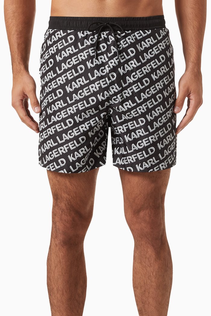 Diagonal Logo Print Boardshorts in Nylon, Black