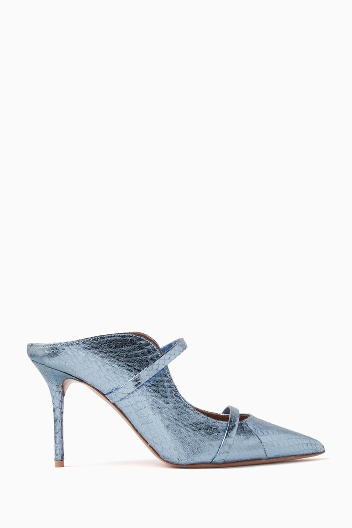 

Maureen 85 Mules in Metallic Leather, Blue