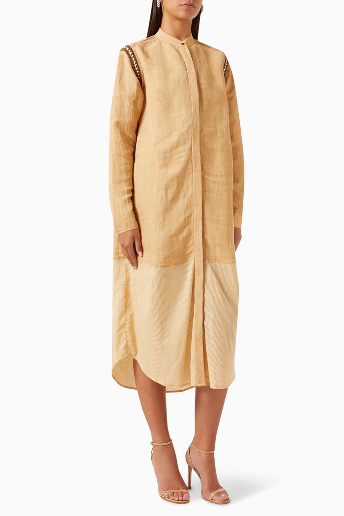 

Crochet Shirt Dress in Linen-blend, Neutral