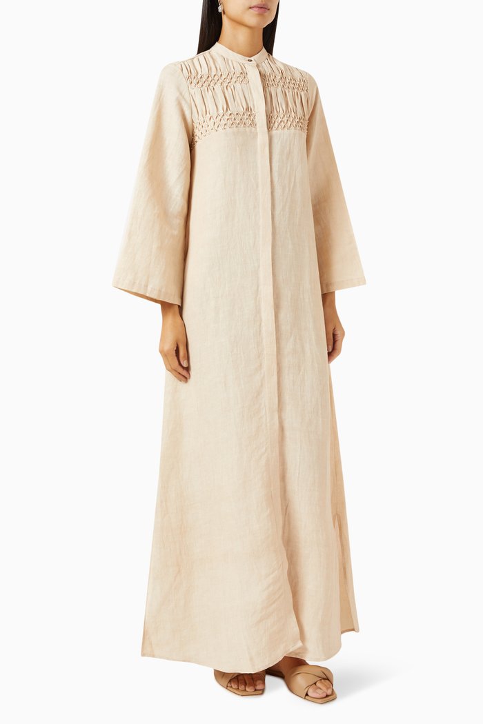 

Smock Embroidered Shirt Dress in Linen-blend, Neutral