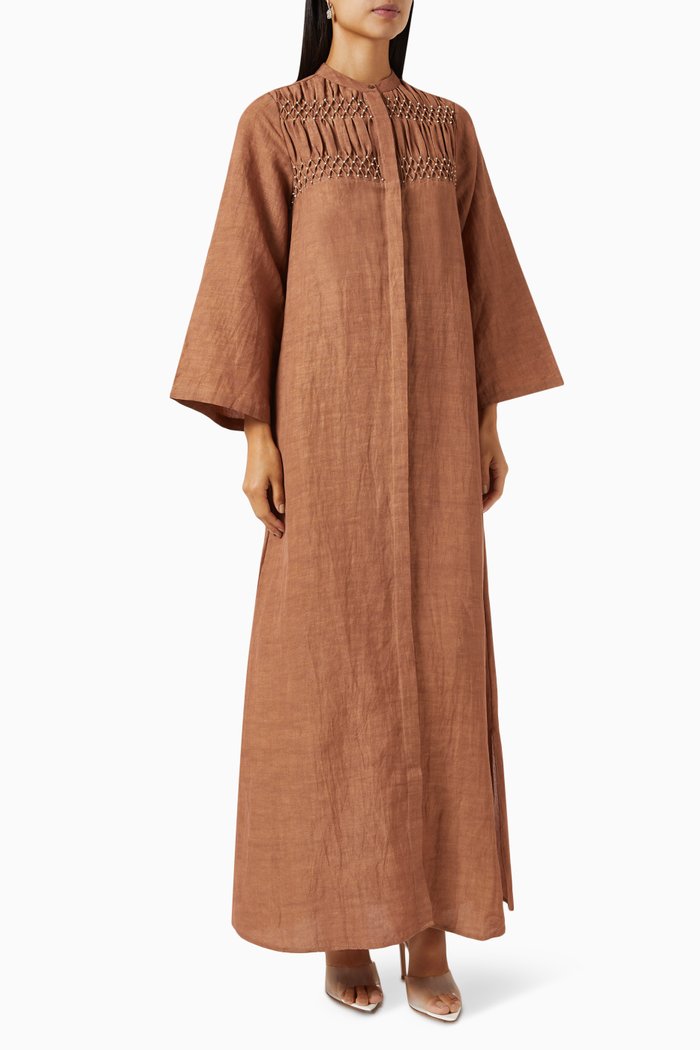 

Smock Embroidered Shirt Dress in Linen-blend, Neutral
