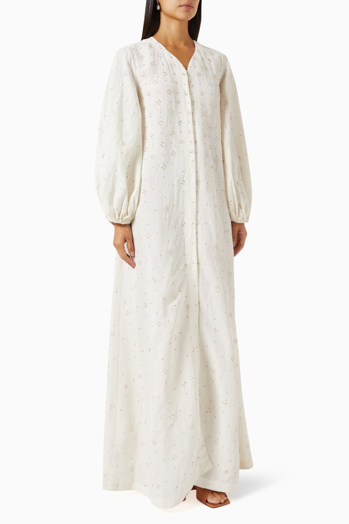 

Bead-embellished Dress in Linen-blend, White