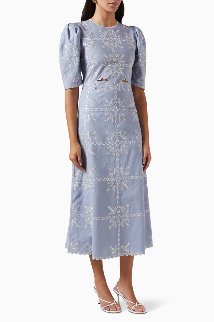 

Nanette Embroidered Midi Dress in Linen, Blue