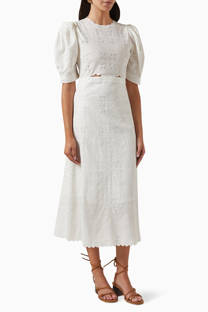 

Nanette Embroidered Midi Dress in Linen, Neutral