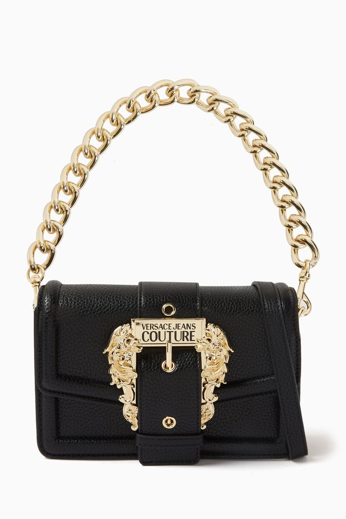 Small Couture 01 Chain Crossbody Bag in Grainy Leather, Black