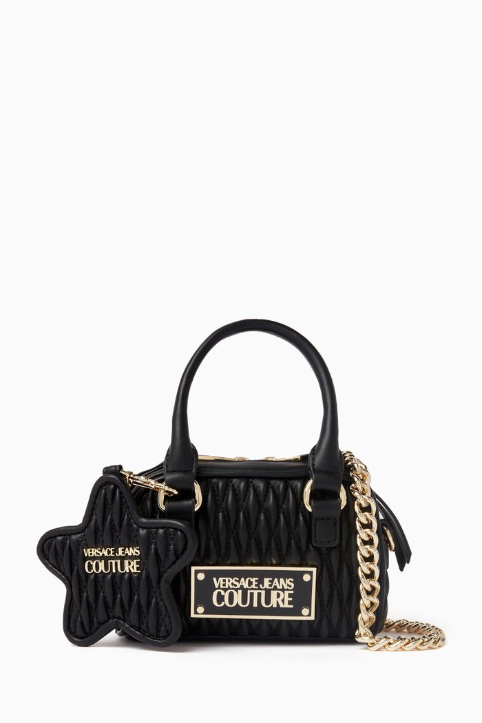 

Mini Crunchy Top Handle Bowling Bag in Faux Leather, Black