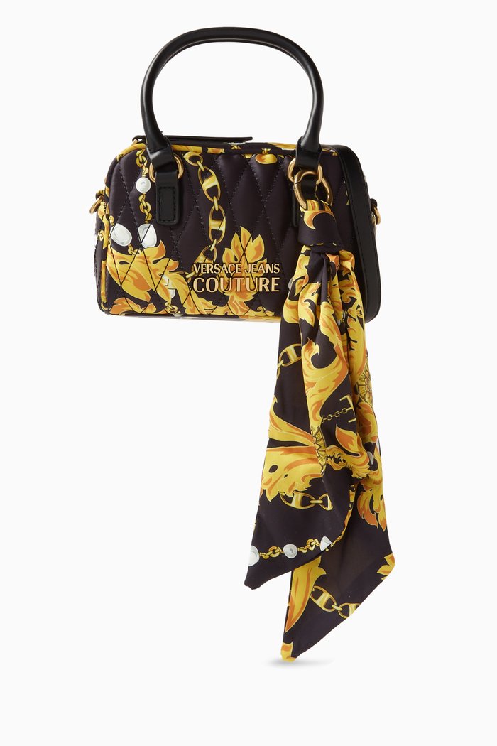 

Small Thelma Quilted Top Handle Bag in Printed Satin, Black