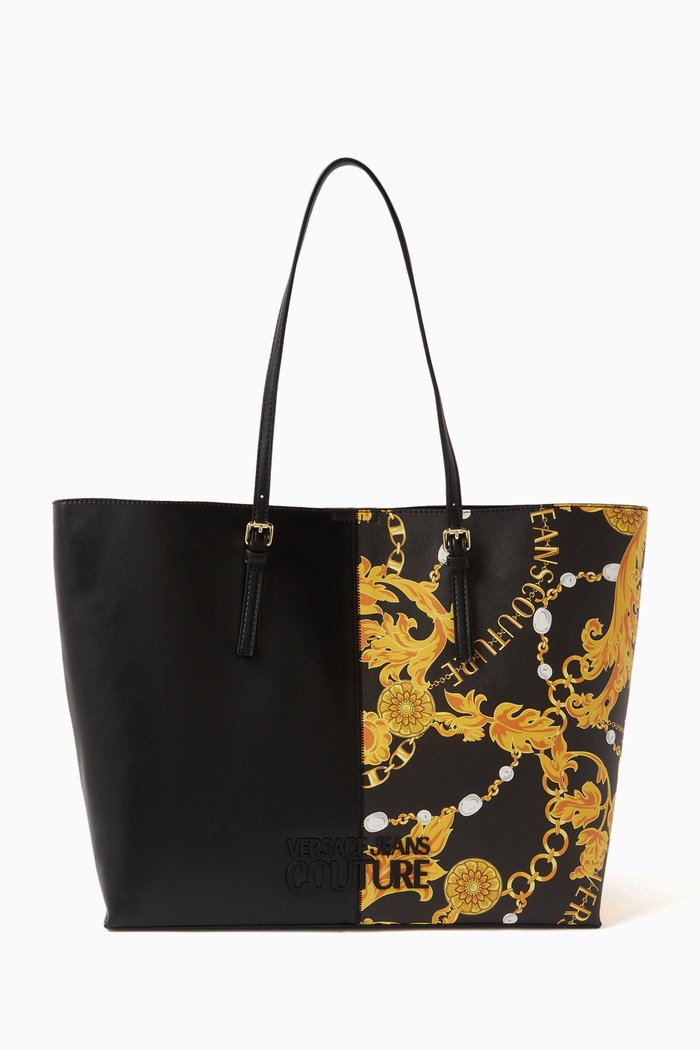 

Medium Rock-cut Tote Bag in Chain Couture-print Faux Leather, Black