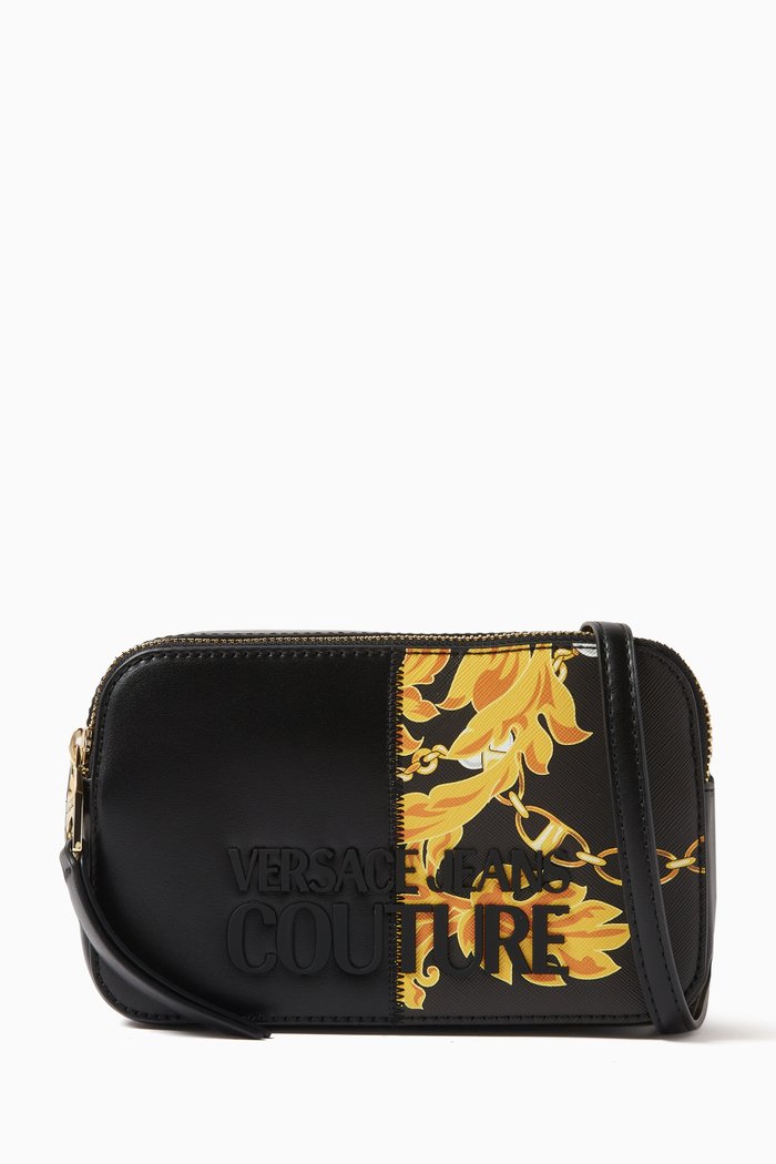 

Small Rock Cut Camera Bag in Chain Couture Saffiano Faux Leather, Black