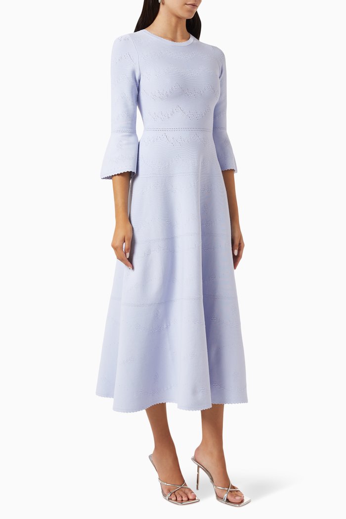 

Bell Sleeves Midi Gown in Pointelle Knit, Blue