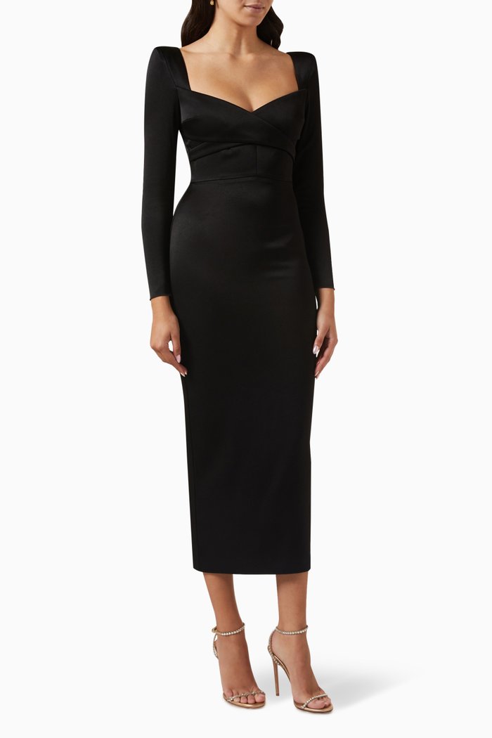 

Linden Midi Dress in Satin Crepe, Black