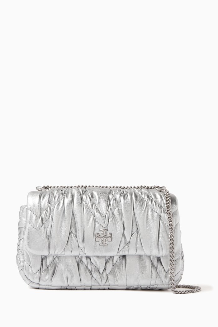 

Mini Kira Diamond Ruched Flap Bag in Metallic Nappa, Silver