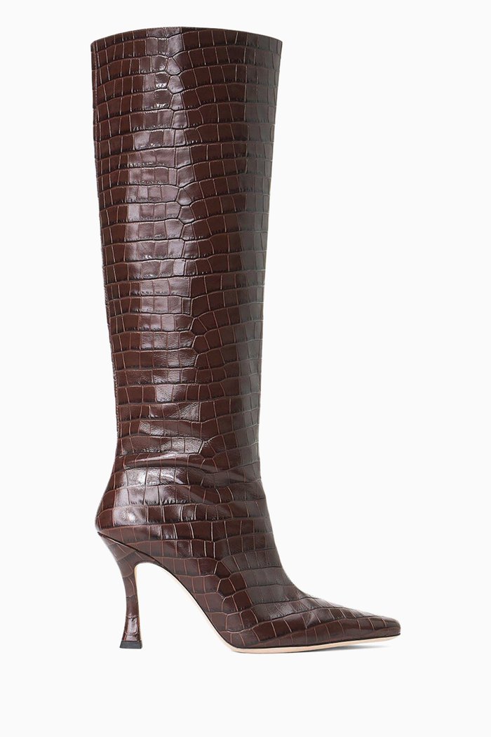 Cami Knee Length Boots in Croc-embossed Leather, Brown