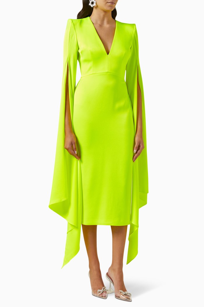 Vander Cape-sleeve Midi Dress in Satin-crepe, Yellow