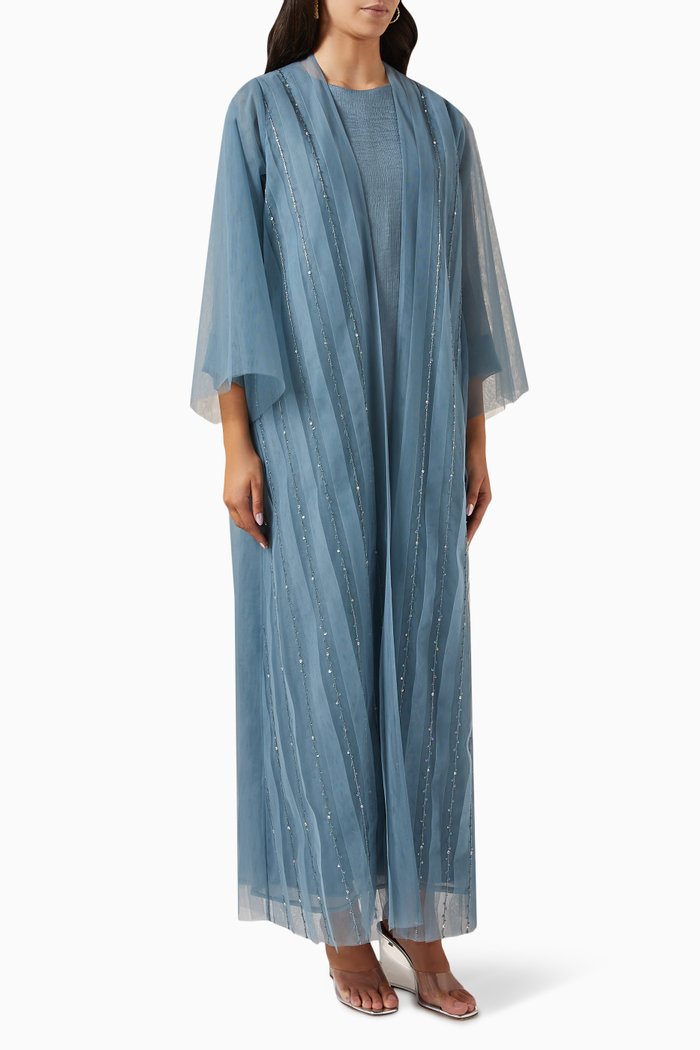 

3-piece Embellished Abaya Set in Tulle, Blue