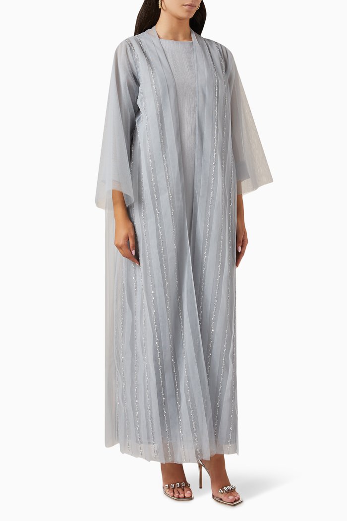

3-piece Embellished Abaya Set in Tulle, Grey