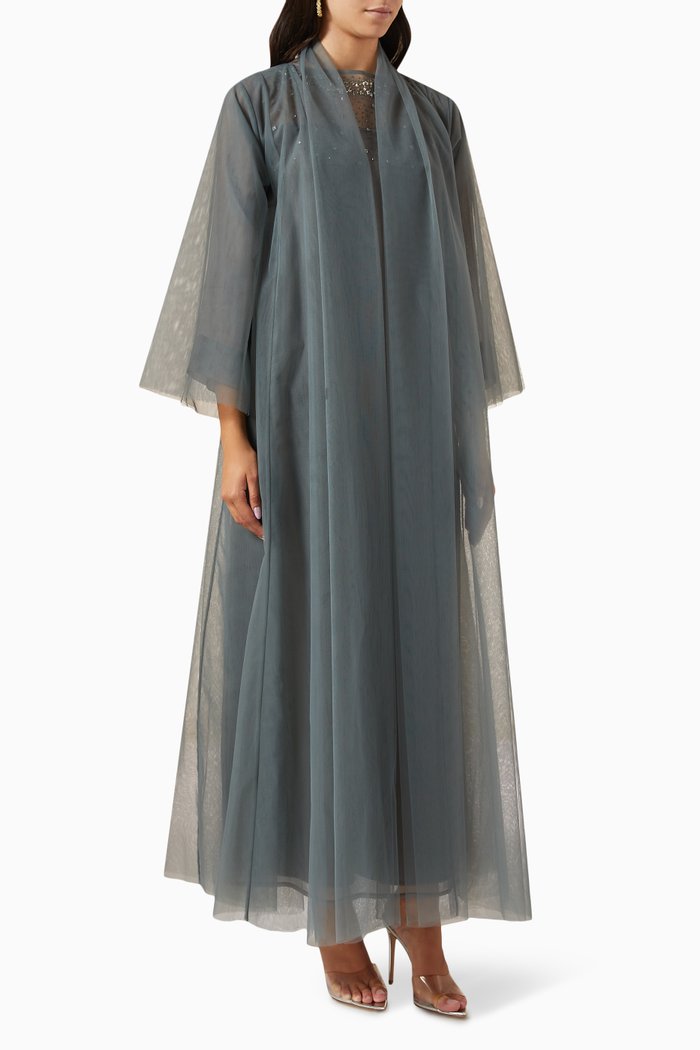 

3-piece Shawl-collar Abaya Set in Tulle, Grey