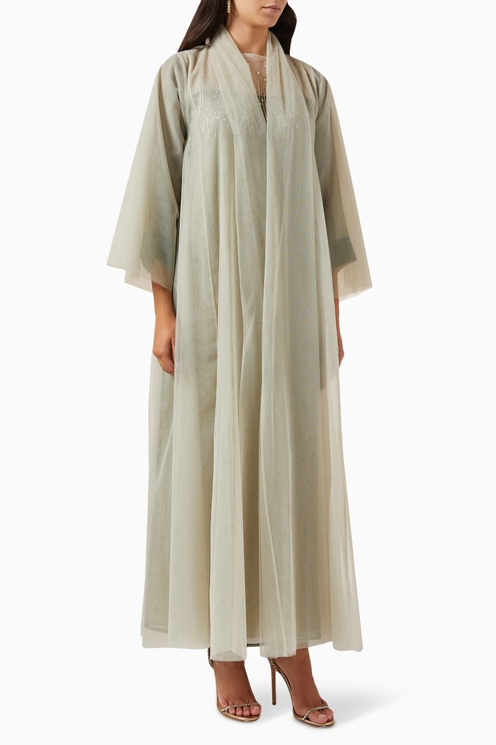 

3-piece Shawl-collar Abaya Set in Tulle, Green