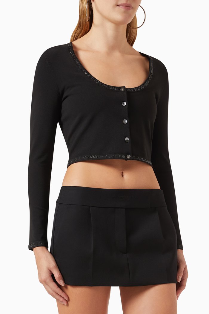 

Crystal-embellished Crop Cardigan in Stretch-knit, Black