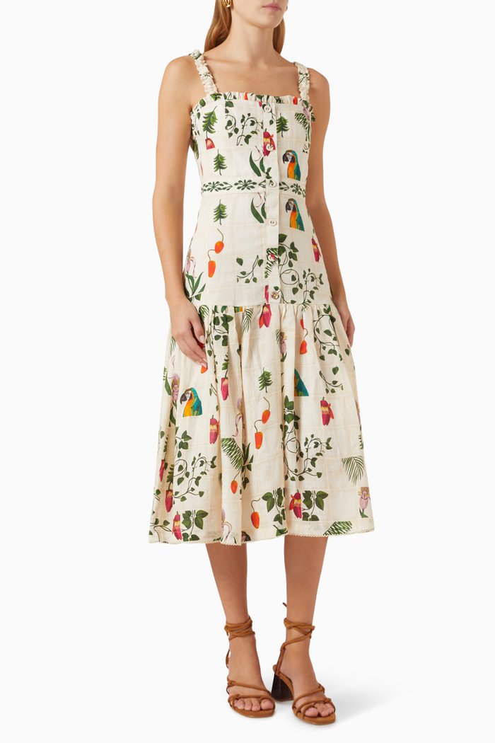 Nispero Tiered Midi Dress in Linen, Multicolour