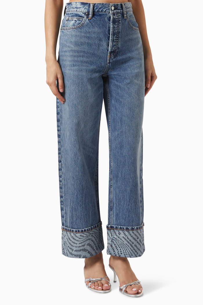 Wave Cuff Wide Jeans in Denim, Blue