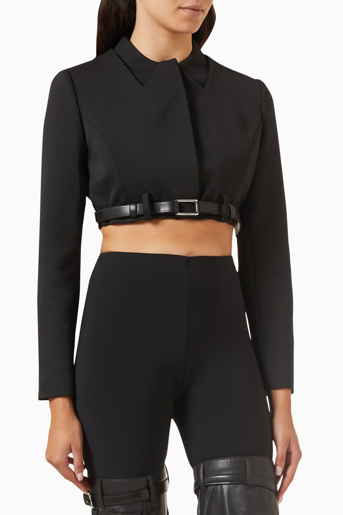 

Cropped Trompe L'oeil Belted Jacket in Viscose-blend, Black