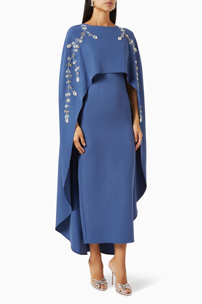 

Embellished Cape Dress in Stretch-crepe, Blue