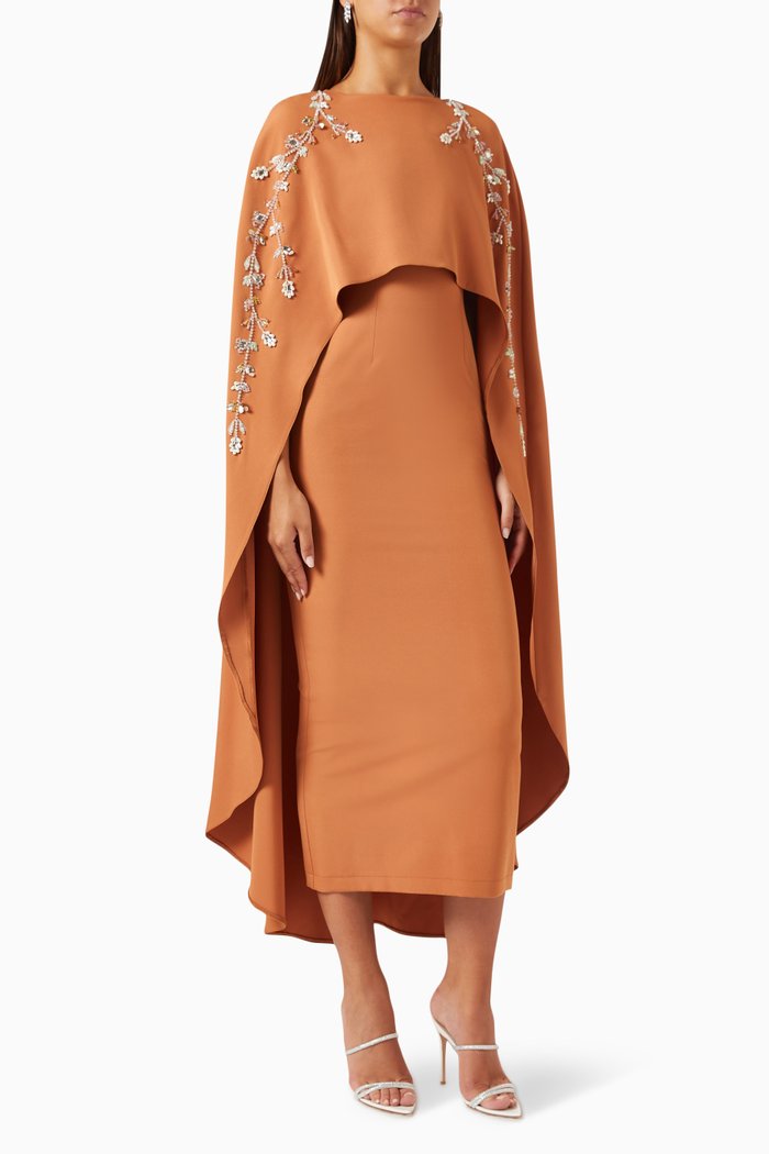

Embellished Cape Dress in Stretch-crepe, Orange