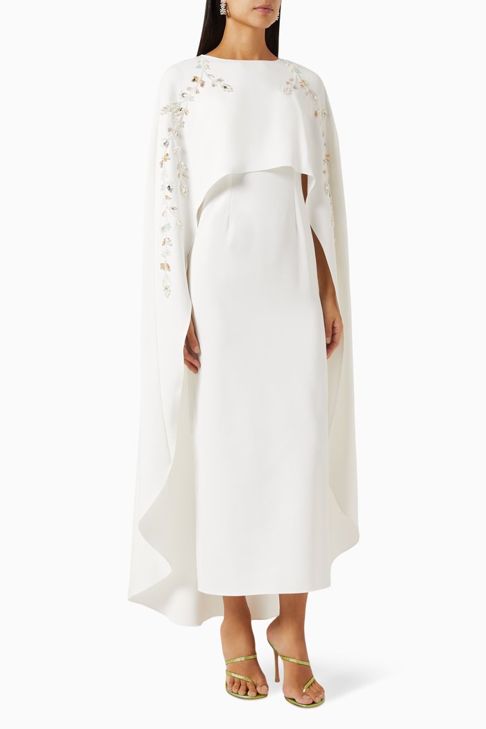 

Embellished Cape Dress in Stretch-crepe, White