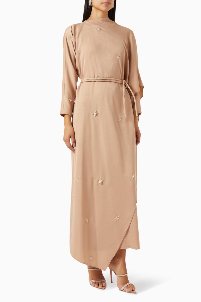 

Crystal-embellished Jalabiya in Stretch-crepe, Neutral