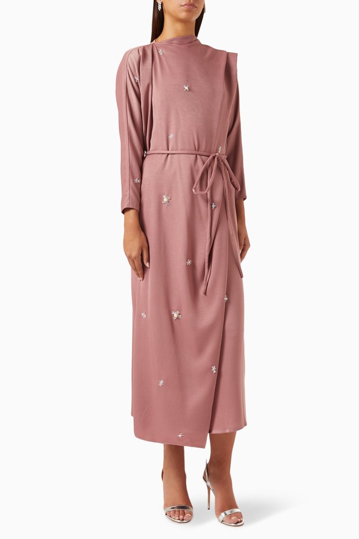 

Crystal-embellished Jalabiya in Stretch-crepe, Pink
