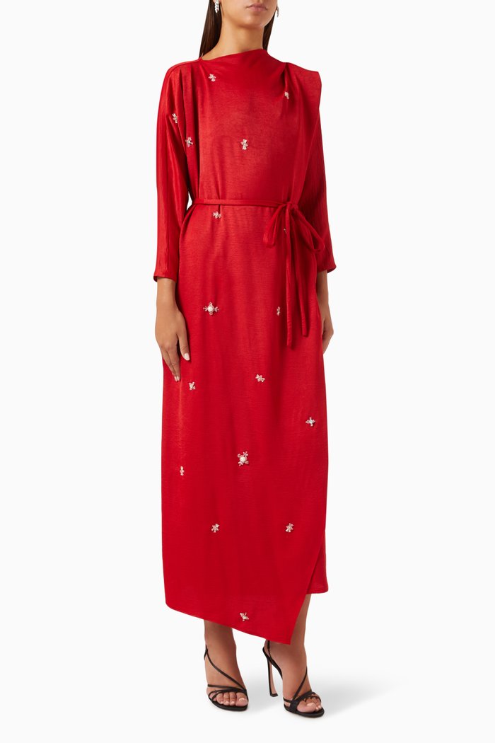 

Crystal-embellished Jalabiya in Stretch-crepe, Red