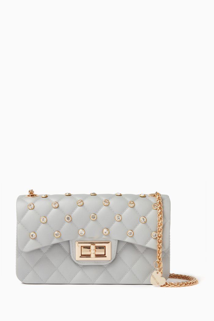 

Crystal Embellished Quilted Shoulder Bag in PVC, Grey
