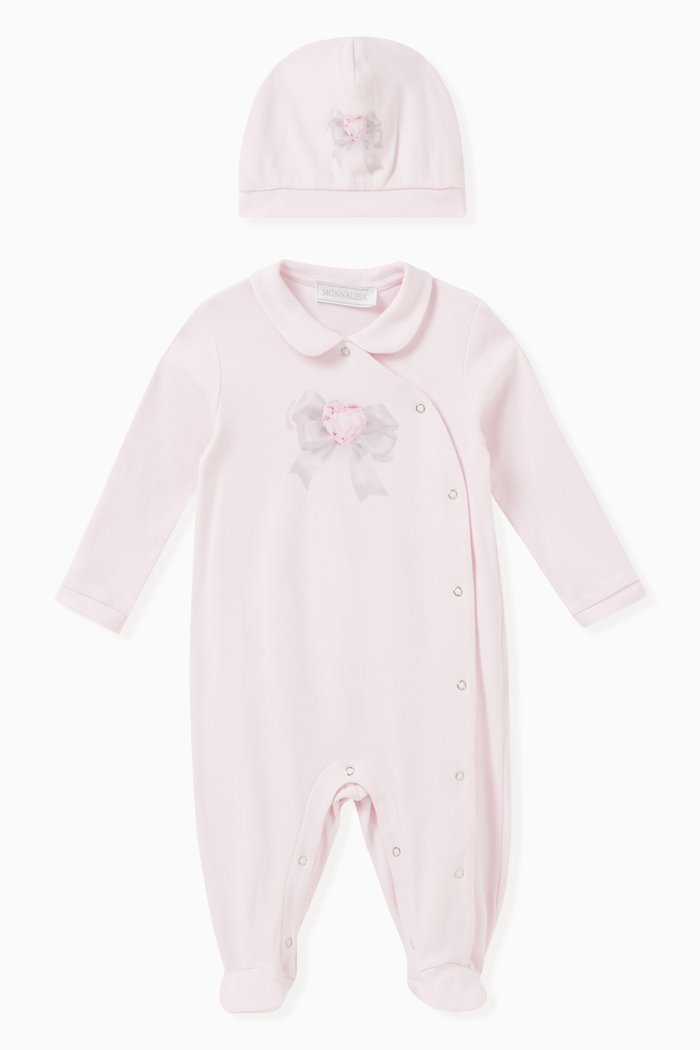 

Bow-print Sleepsuit and Hat Set in Cotton, Pink