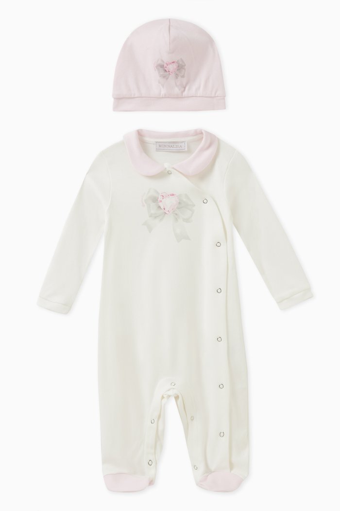 

Bow-print Sleepsuit and Hat Set in Cotton, Neutral