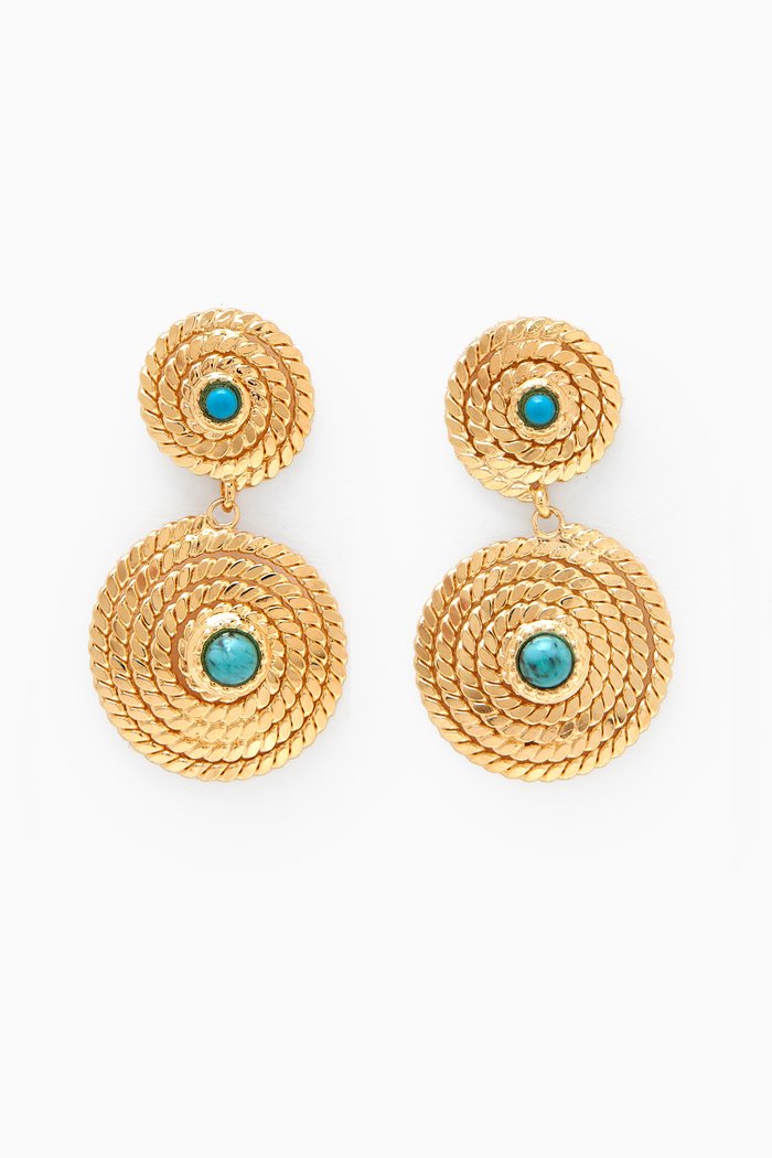 

Onde Lucky Drop Earrings with Mini Cabachon in 24kt Gold-plated Metal, Blue