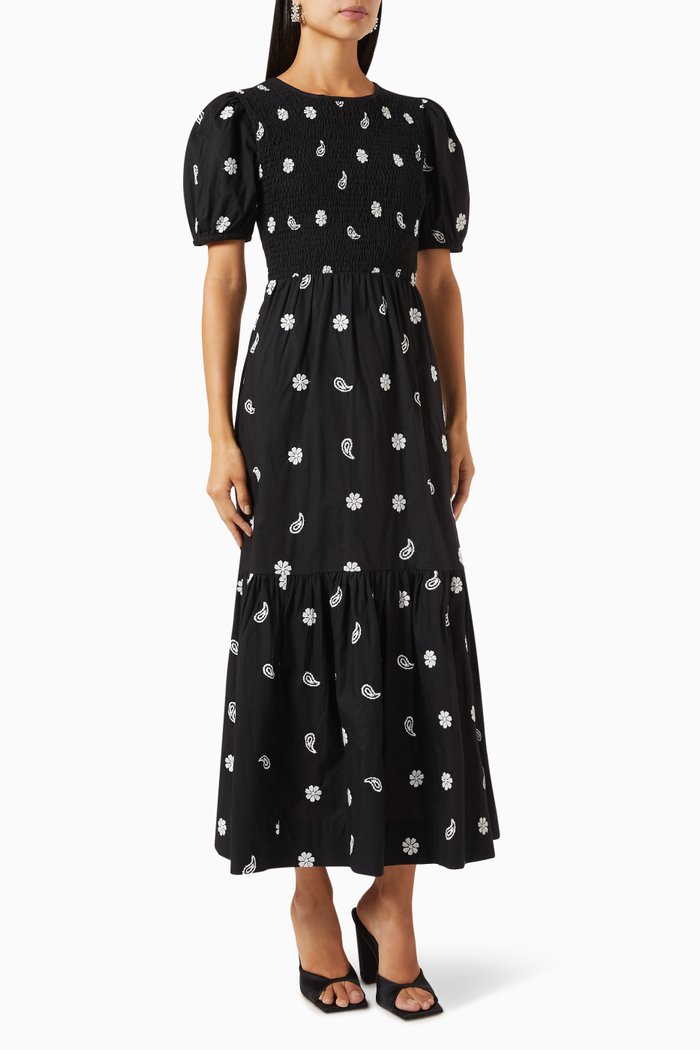 

Embroidered Lace-up Dress in Cotton, Black