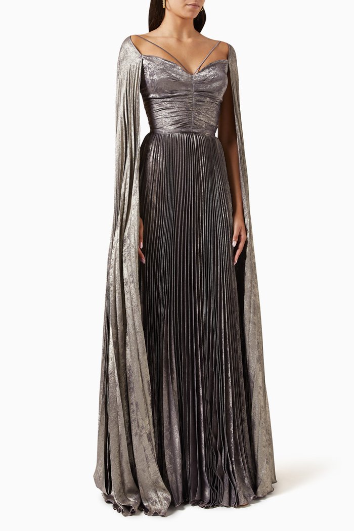 

Pleated Cape-sleeve Maxi Dress, Gold