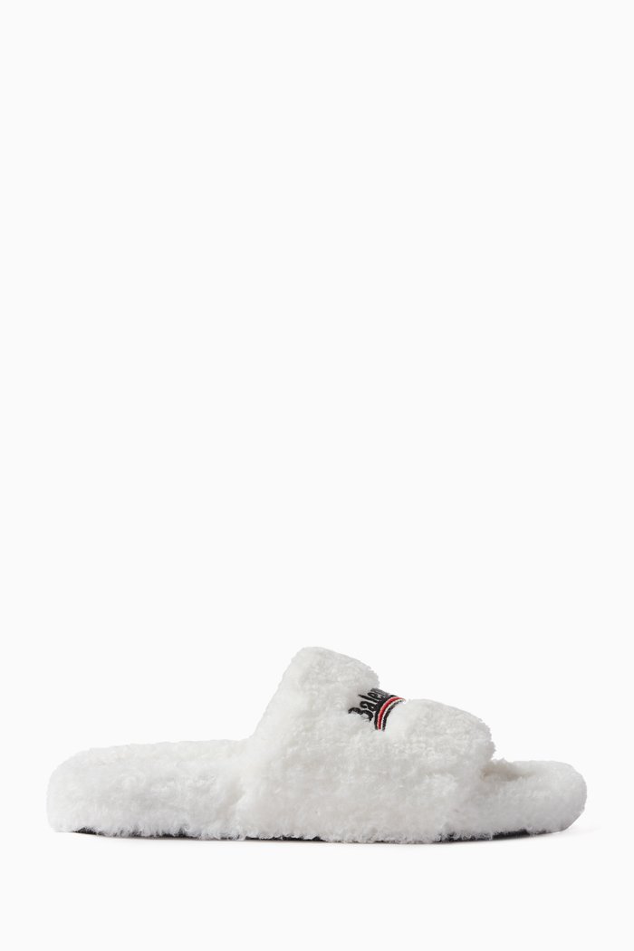 

Political Campaign Furry Slide Sandals in Faux Shearling, White