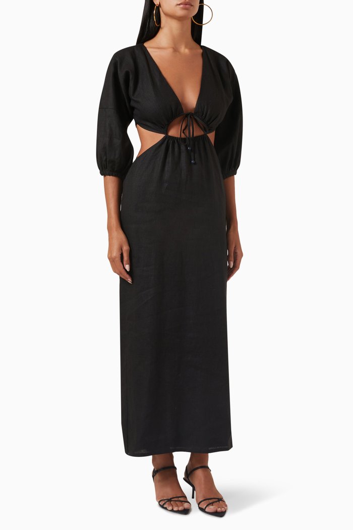 Elena Cut-out Dress in Linen, Black