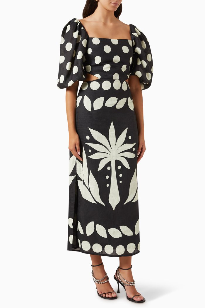 Timbiqui Printed Dress in Linen, Black