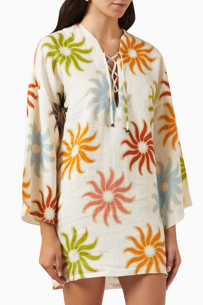 

Turin Graphic Print Mini Dress in Linen-Blend, Multicolour