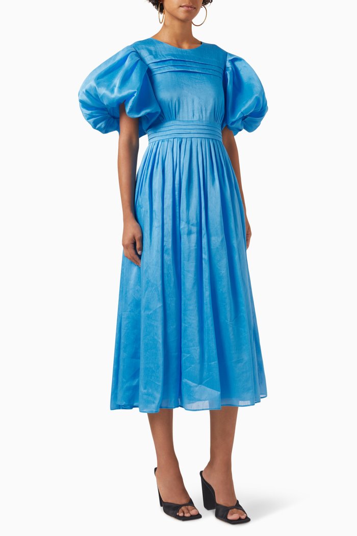 

Sylvia Pintuck Midi Dress in Linen, Blue