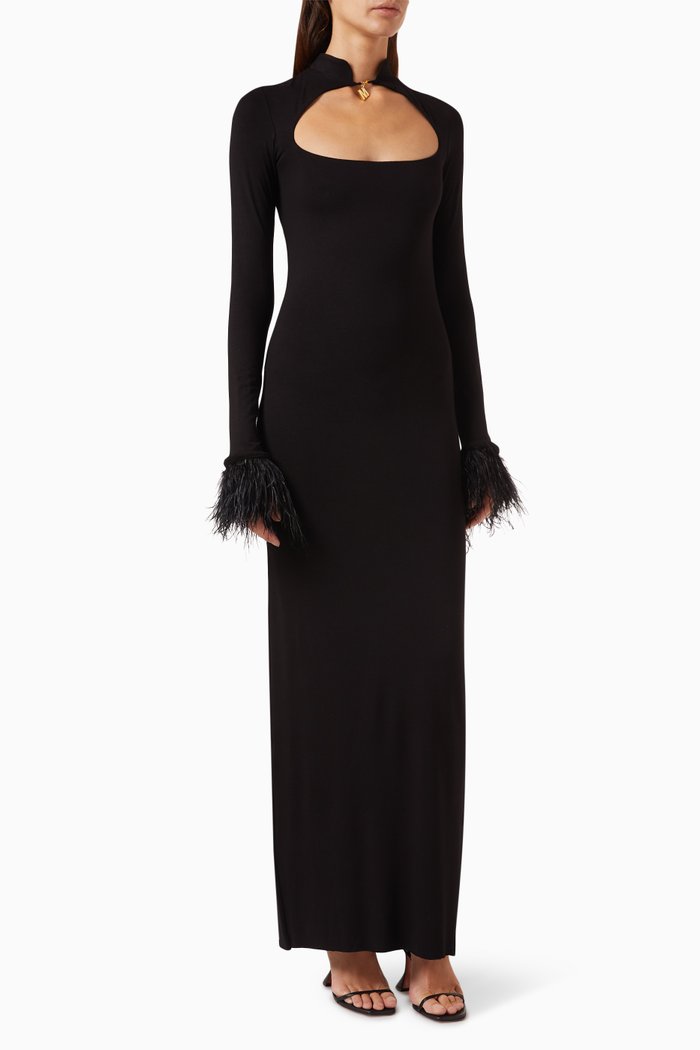 

Cindy Maxi Feather Dress in Viscose-knit, Black
